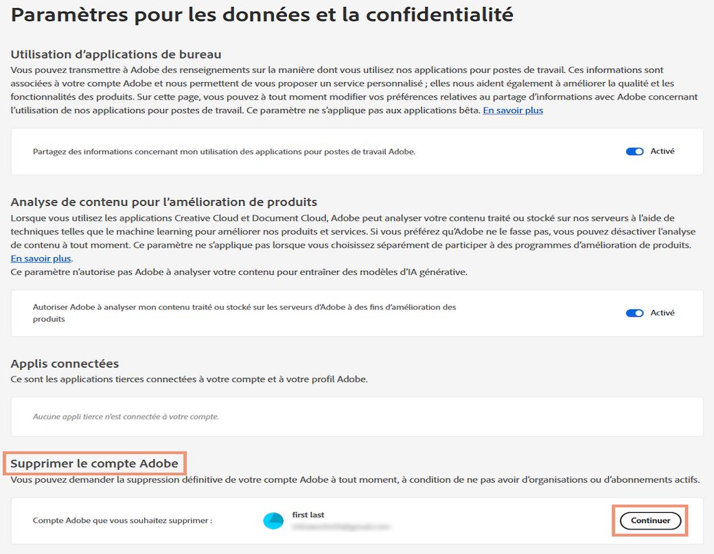 Suppression ou désactivation définitive de votre compte Adobe